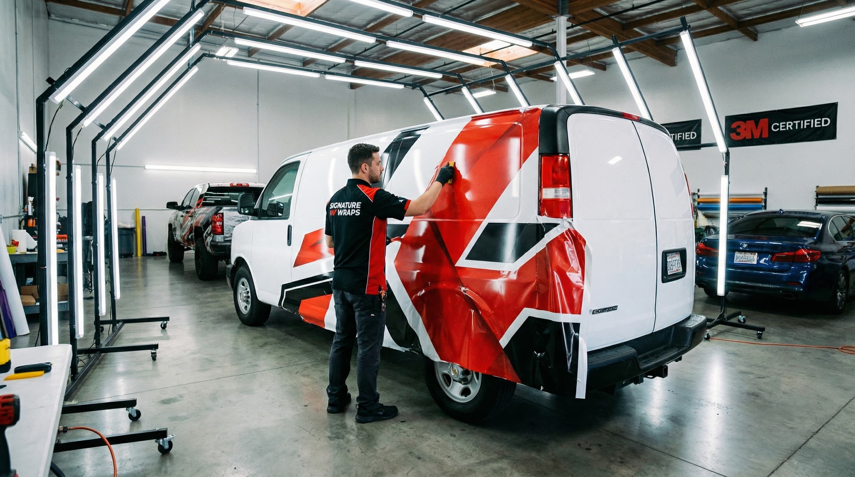 Professional certified installer wrapping a commercial vehicle